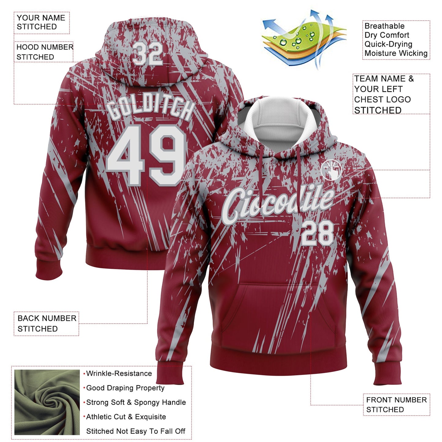 Custom Stitched Crimson White-Gray 3D Pattern Design Splash Grunge Art Sports Pullover Sweatshirt Hoodie view 2