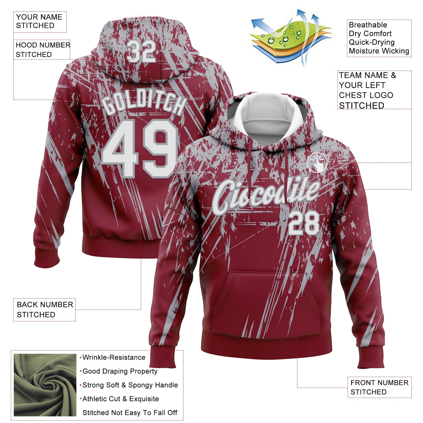 Custom Stitched Crimson White-Gray 3D Pattern Design Splash Grunge Art Sports Pullover Sweatshirt Hoodie view 2