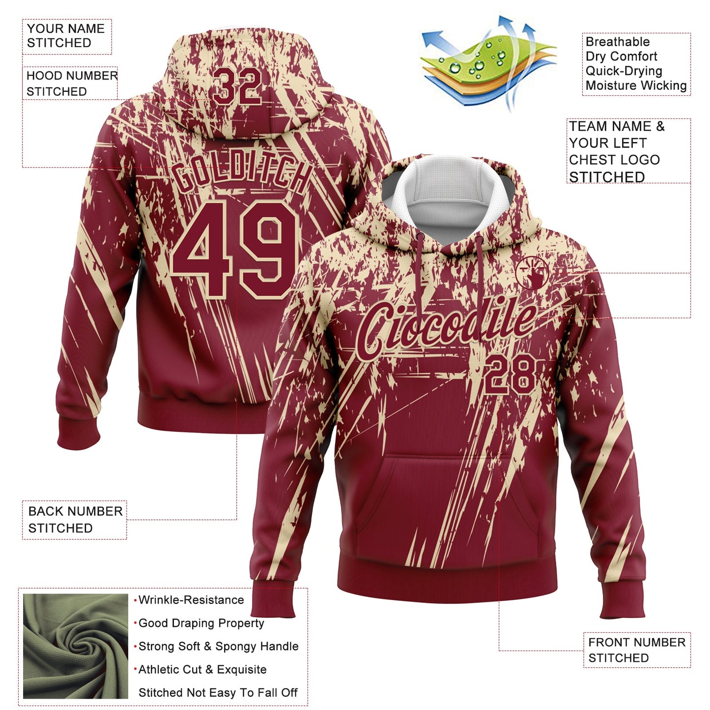 Custom Stitched Crimson Cream 3D Pattern Design Splash Grunge Art Sports Pullover Sweatshirt Hoodie view 2