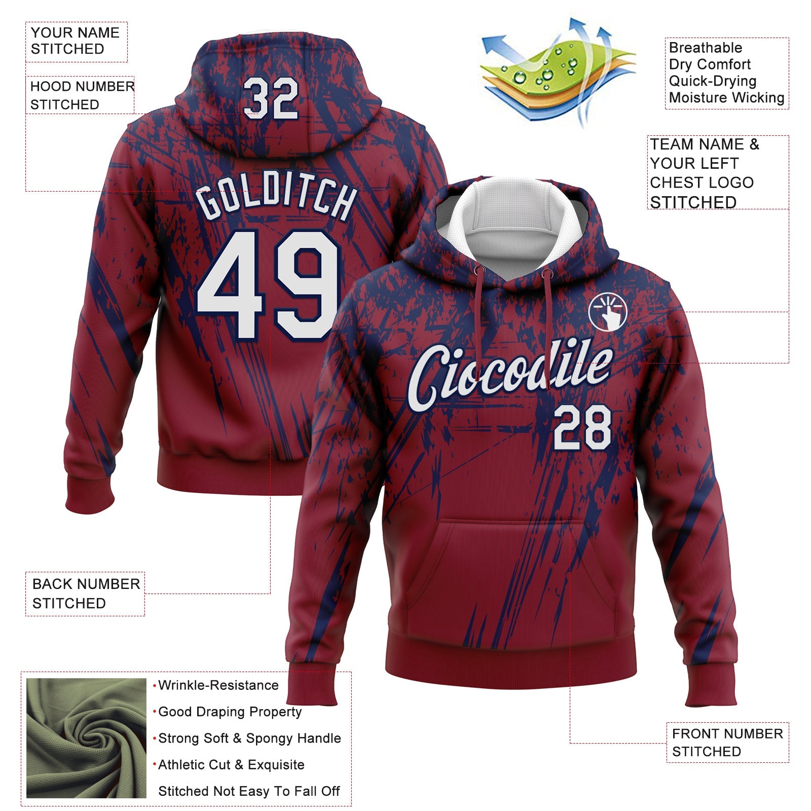Custom Stitched Crimson White-Navy 3D Pattern Design Splash Grunge Art Sports Pullover Sweatshirt Hoodie view 2
