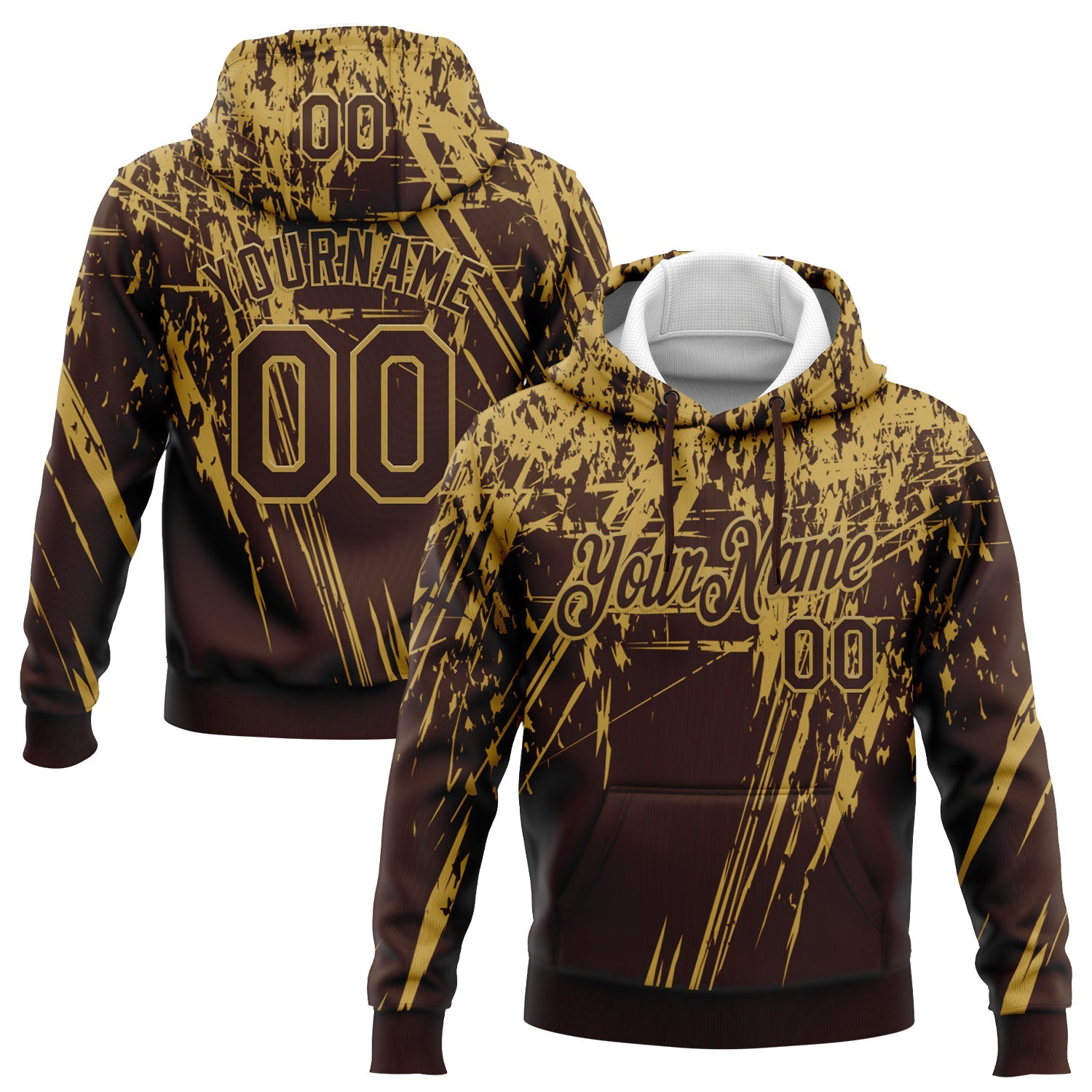 Custom Stitched Brown Old Gold 3D Pattern Design Splash Grunge Art Sports Pullover Sweatshirt Hoodie - Main View