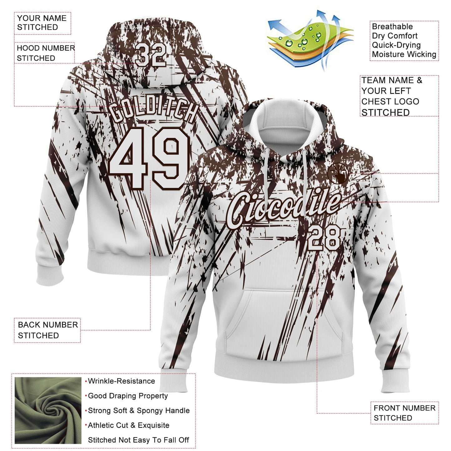 Custom Stitched White Brown 3D Pattern Design Splash Grunge Art Sports Pullover Sweatshirt Hoodie view 2