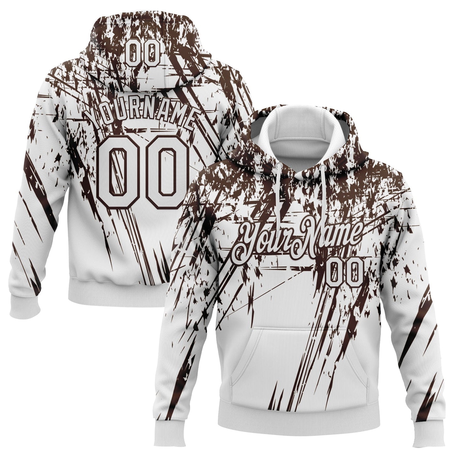 Custom Stitched White Brown 3D Pattern Design Splash Grunge Art Sports Pullover Sweatshirt Hoodie - Main View