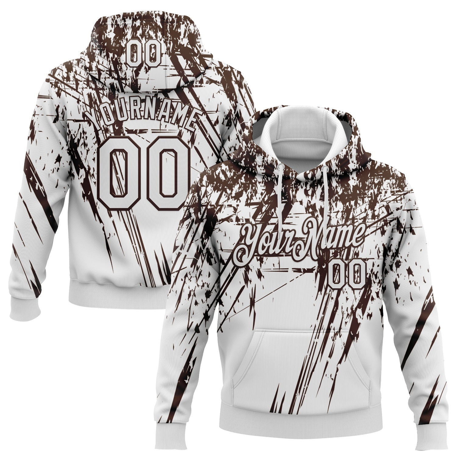 Custom Stitched White Brown 3D Pattern Design Splash Grunge Art Sports Pullover Sweatshirt Hoodie - Main View