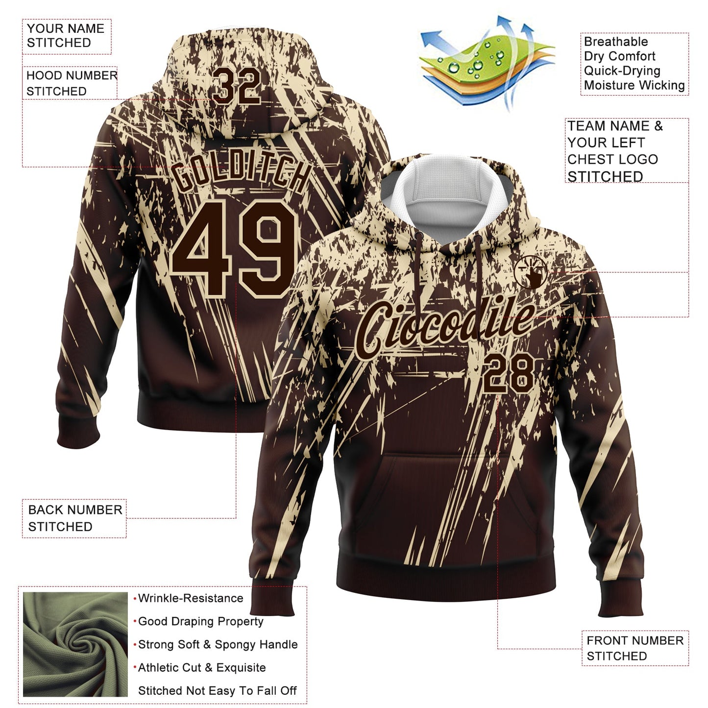 Custom Stitched Brown Cream 3D Pattern Design Splash Grunge Art Sports Pullover Sweatshirt Hoodie view 2