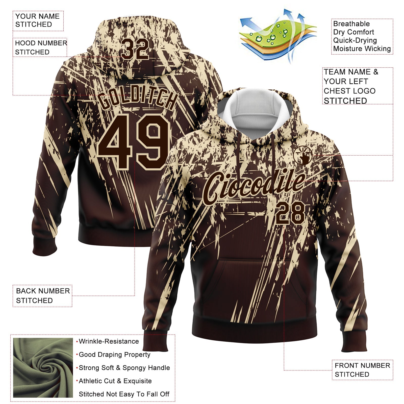 Custom Stitched Brown Cream 3D Pattern Design Splash Grunge Art Sports Pullover Sweatshirt Hoodie view 2
