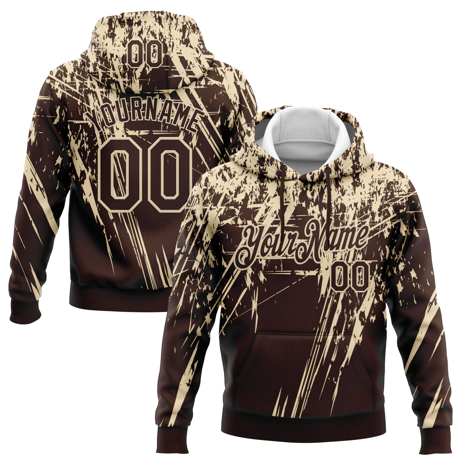 Custom Stitched Brown Cream 3D Pattern Design Splash Grunge Art Sports Pullover Sweatshirt Hoodie - Main View