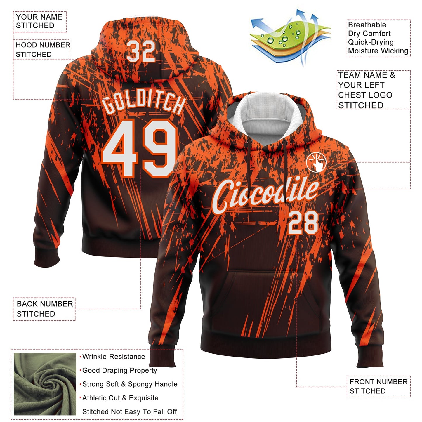 Custom Stitched Brown White-Orange 3D Pattern Design Splash Grunge Art Sports Pullover Sweatshirt Hoodie view 2
