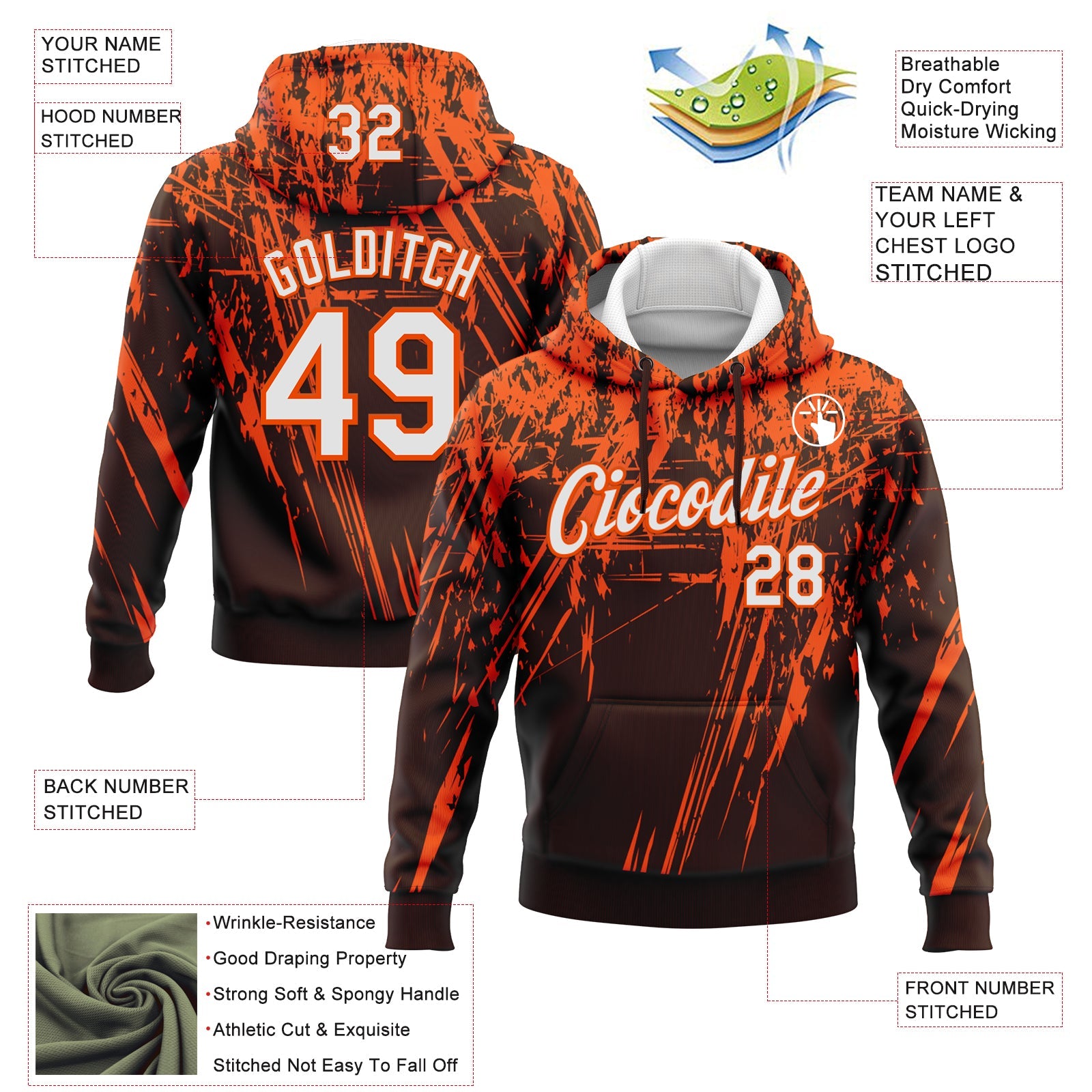 Custom Stitched Brown White-Orange 3D Pattern Design Splash Grunge Art Sports Pullover Sweatshirt Hoodie view 2