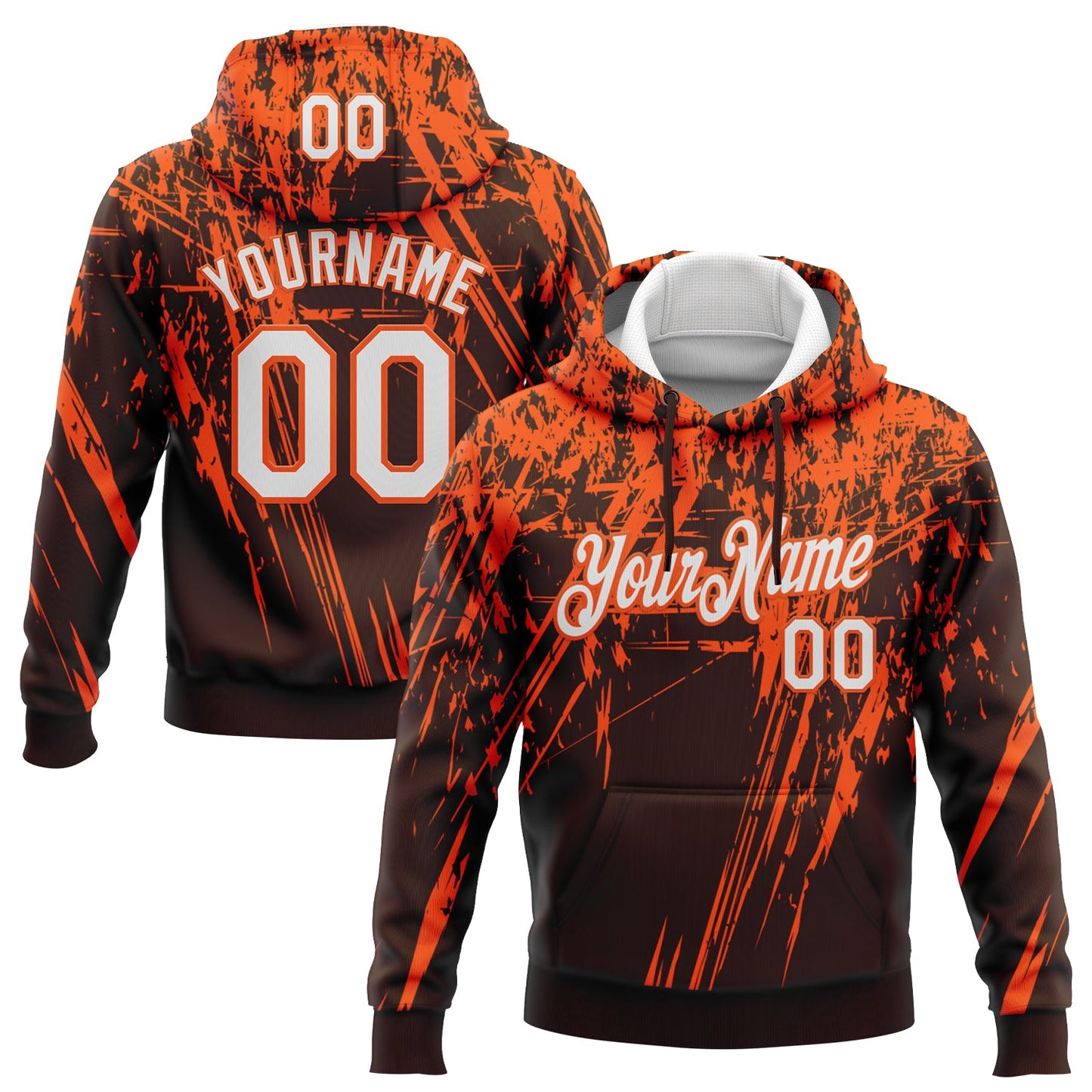 Custom Stitched Brown White-Orange 3D Pattern Design Splash Grunge Art Sports Pullover Sweatshirt Hoodie - Main View