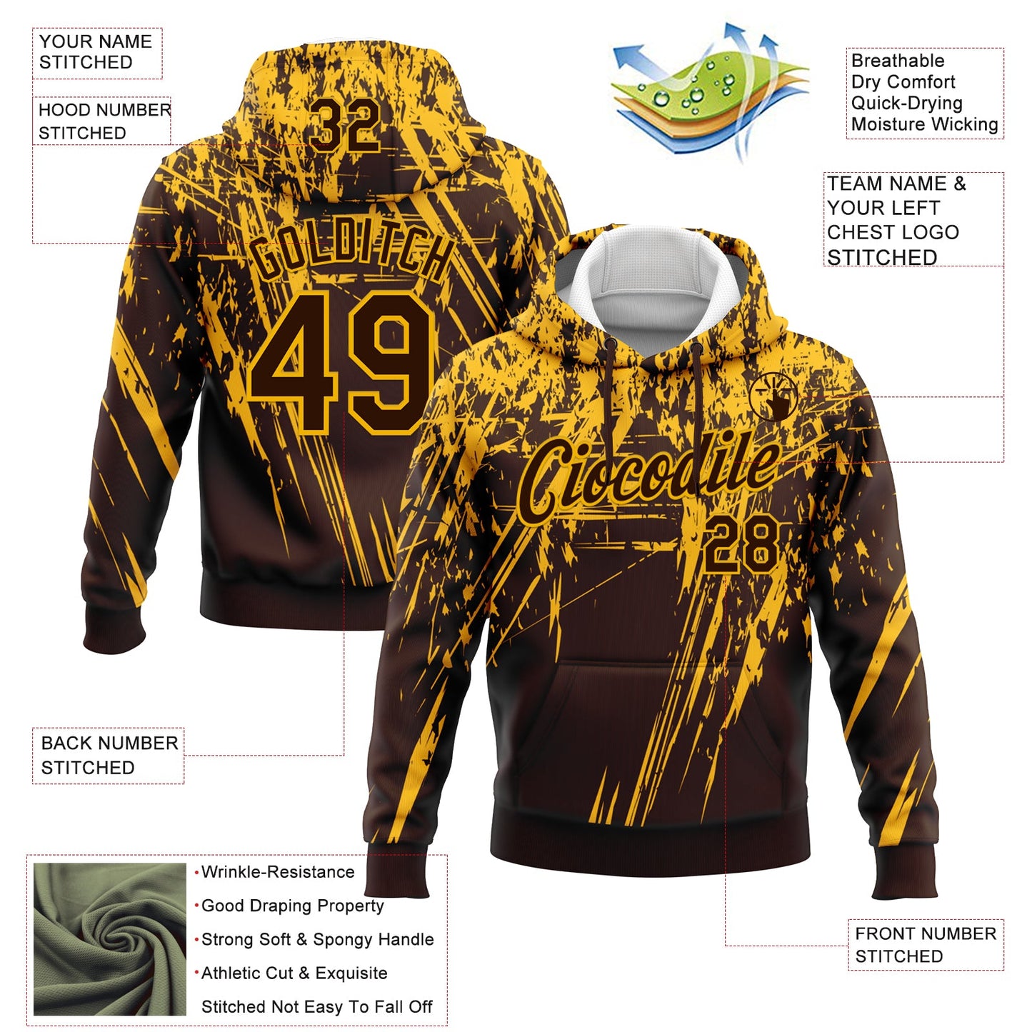 Custom Stitched Brown Gold 3D Pattern Design Splash Grunge Art Sports Pullover Sweatshirt Hoodie view 2