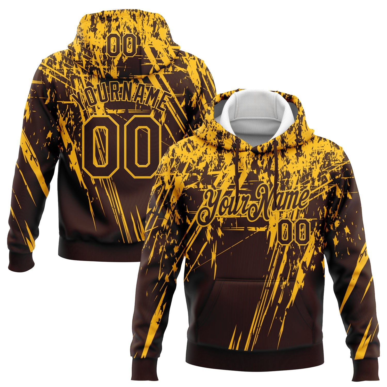 Custom Stitched Brown Gold 3D Pattern Design Splash Grunge Art Sports Pullover Sweatshirt Hoodie - Main View