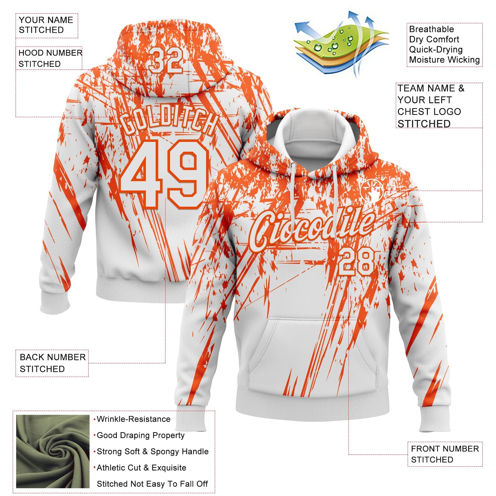 Custom Stitched White Orange 3D Pattern Design Splash Grunge Art Sports Pullover Sweatshirt Hoodie view 2