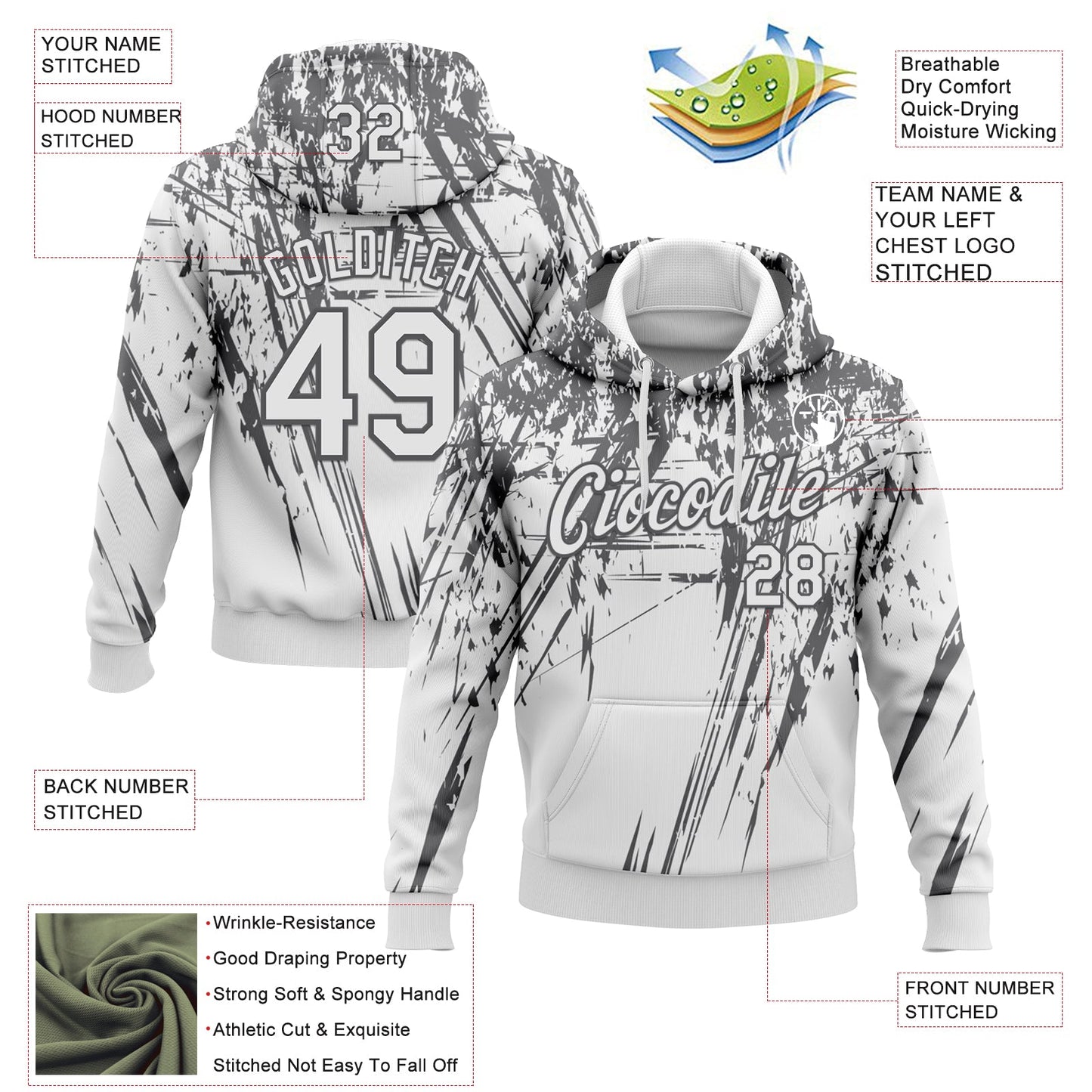Custom Stitched White Steel Gray 3D Pattern Design Splash Grunge Art Sports Pullover Sweatshirt Hoodie view 2