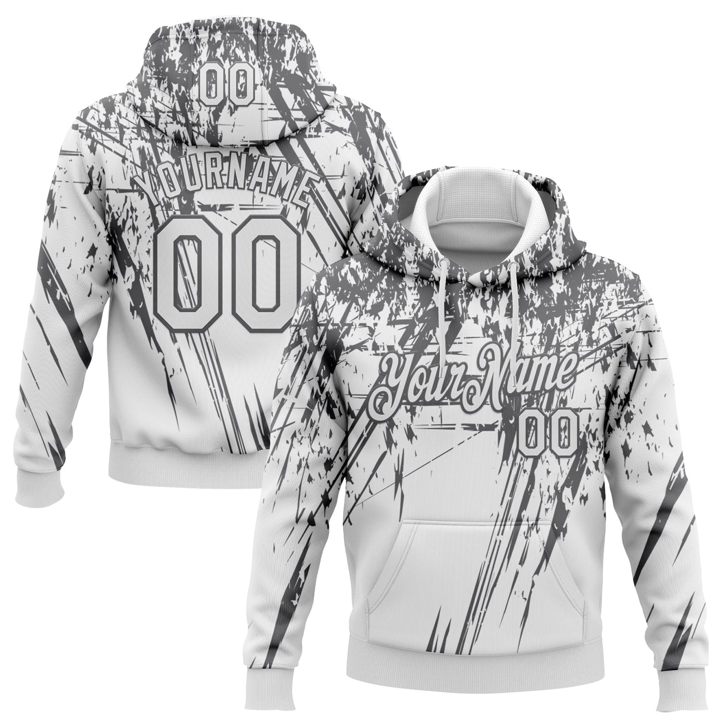 Custom Stitched White Steel Gray 3D Pattern Design Splash Grunge Art Sports Pullover Sweatshirt Hoodie - Main View