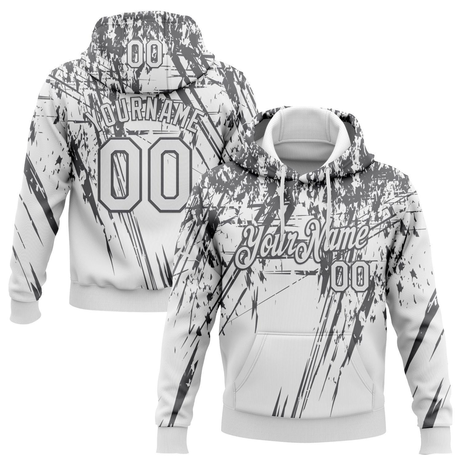 Custom Stitched White Steel Gray 3D Pattern Design Splash Grunge Art Sports Pullover Sweatshirt Hoodie - Main View