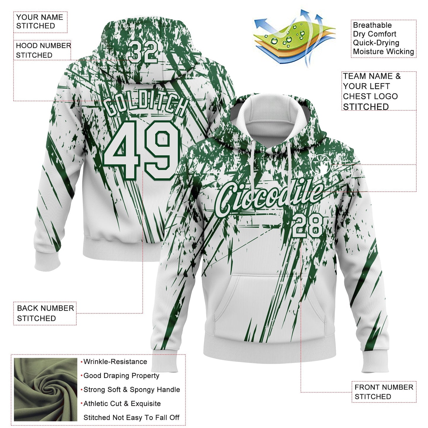 Custom Stitched White Green 3D Pattern Design Splash Grunge Art Sports Pullover Sweatshirt Hoodie view 2
