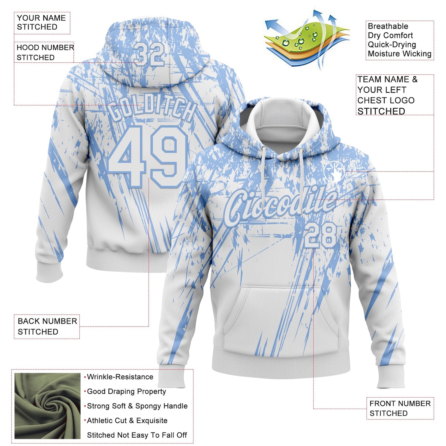 Custom Stitched White Light Blue 3D Pattern Design Splash Grunge Art Sports Pullover Sweatshirt Hoodie view 2