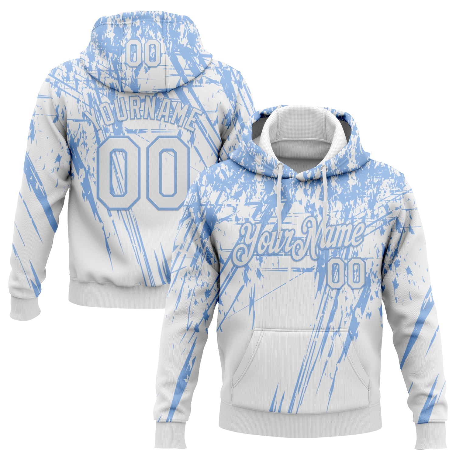 Custom Stitched White Light Blue 3D Pattern Design Splash Grunge Art Sports Pullover Sweatshirt Hoodie - Main View