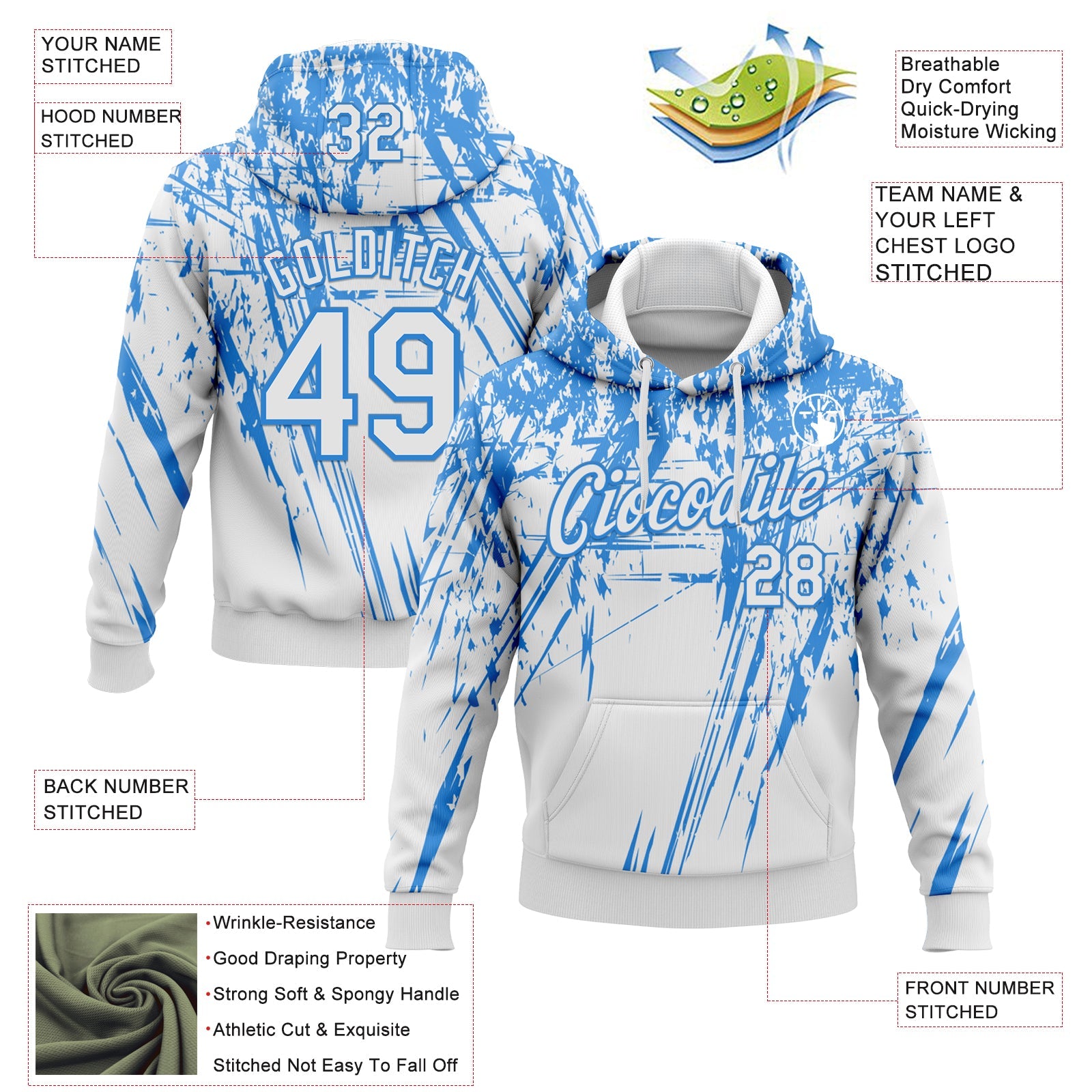 Custom Stitched White Powder Blue 3D Pattern Design Splash Grunge Art Sports Pullover Sweatshirt Hoodie view 2