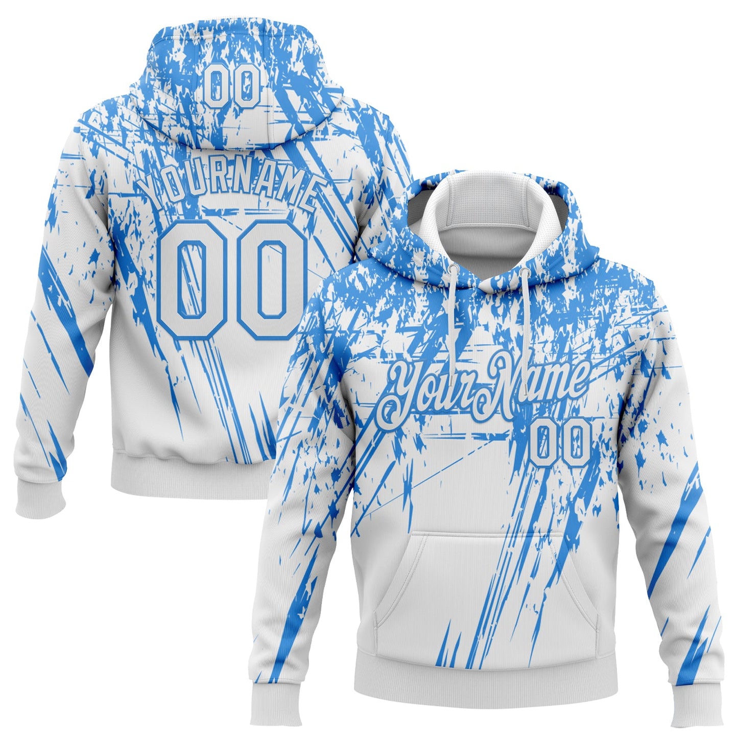 Custom Stitched White Powder Blue 3D Pattern Design Splash Grunge Art Sports Pullover Sweatshirt Hoodie - Main View