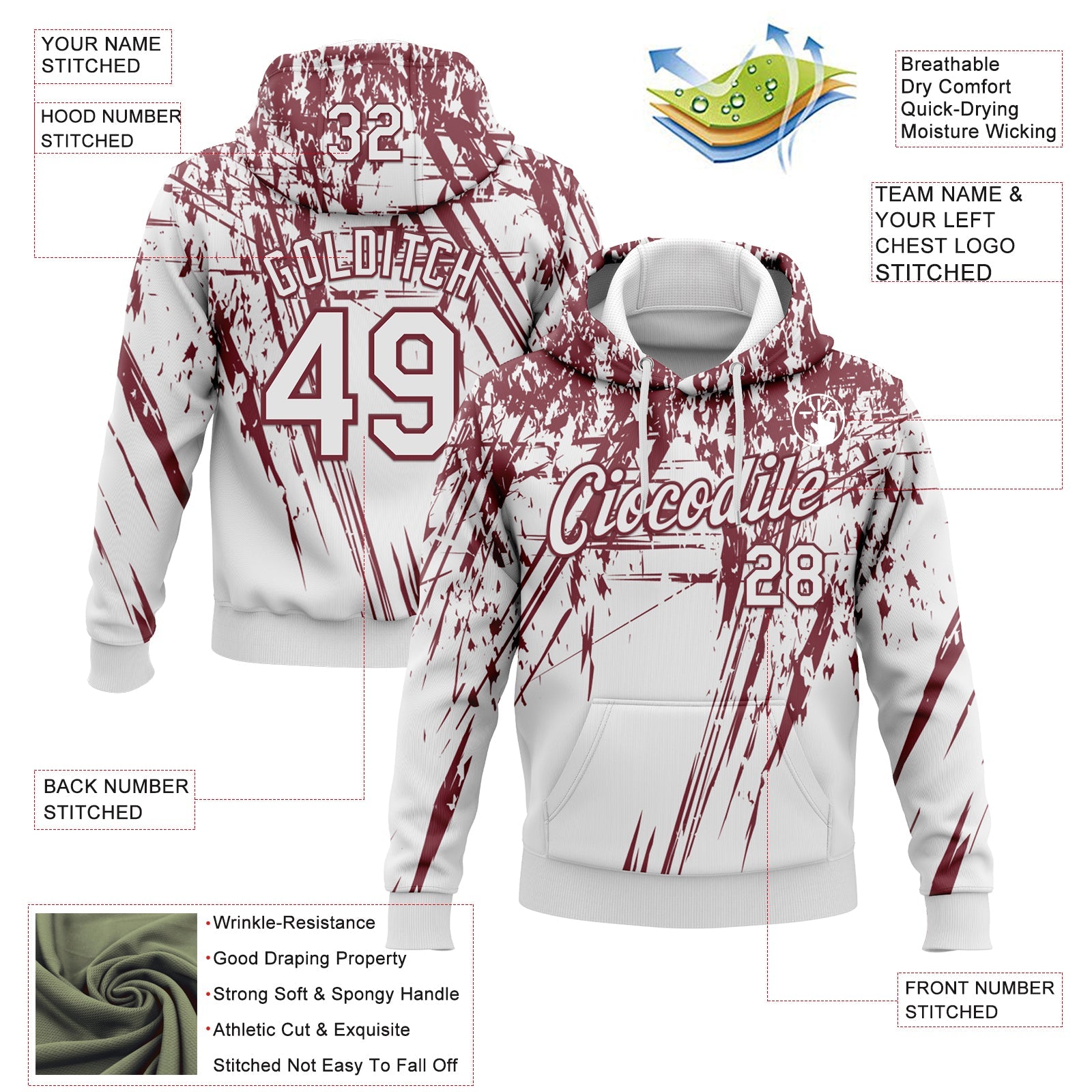 Custom Stitched White Burgundy 3D Pattern Design Splash Grunge Art Sports Pullover Sweatshirt Hoodie view 2