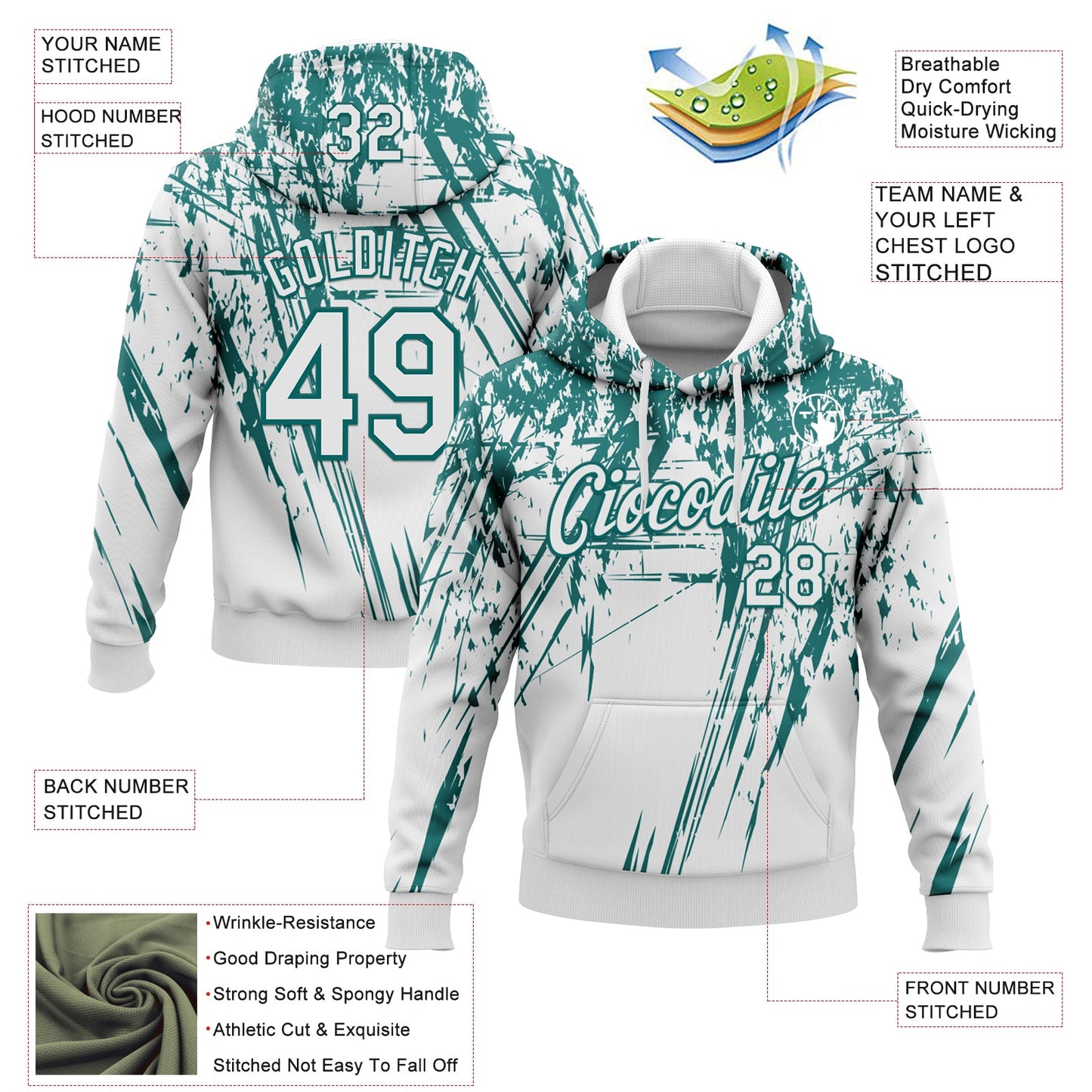 Custom Stitched White Teal 3D Pattern Design Splash Grunge Art Sports Pullover Sweatshirt Hoodie view 2