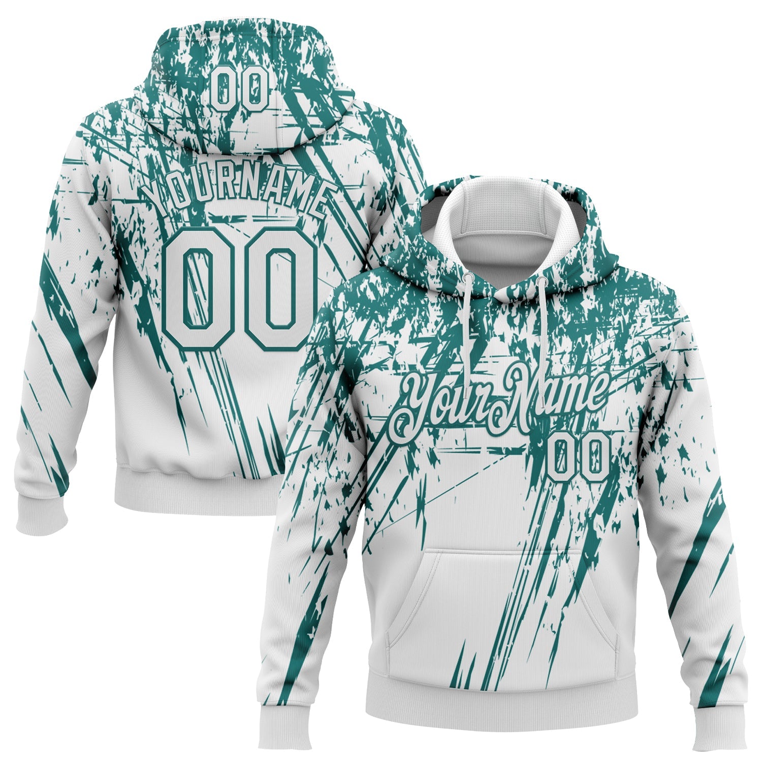 Custom Stitched White Teal 3D Pattern Design Splash Grunge Art Sports Pullover Sweatshirt Hoodie - Main View