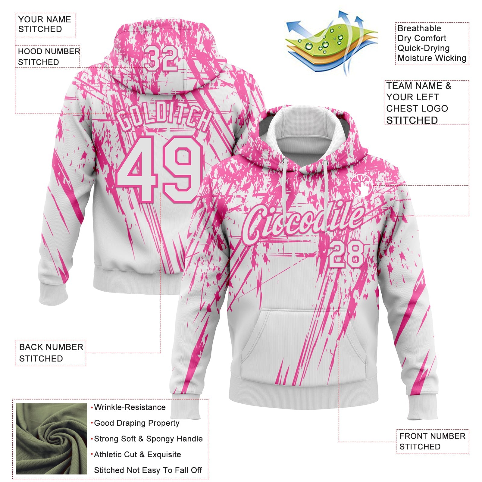 Custom Stitched White Pink 3D Pattern Design Splash Grunge Art Sports Pullover Sweatshirt Hoodie view 2