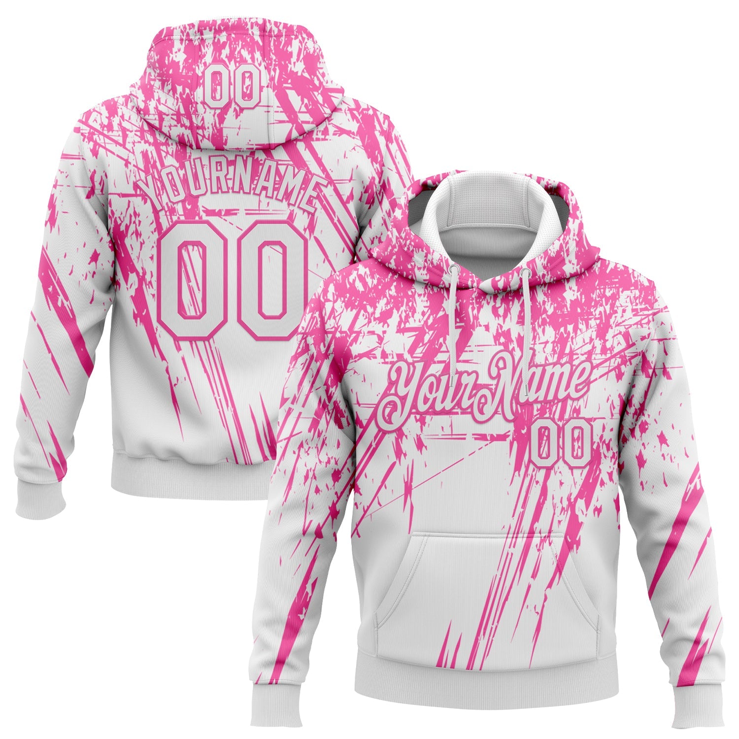 Custom Stitched White Pink 3D Pattern Design Splash Grunge Art Sports Pullover Sweatshirt Hoodie - Main View