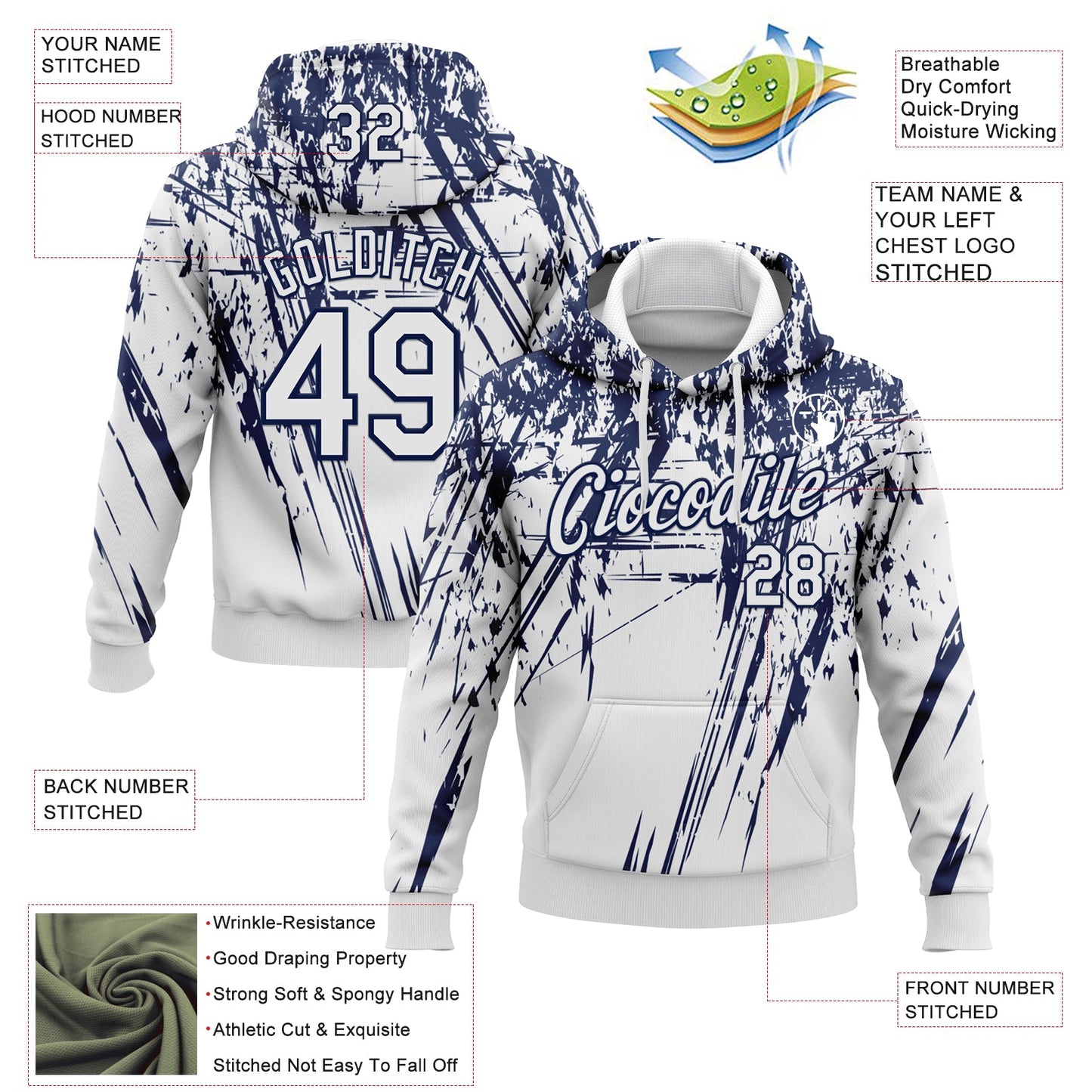 Custom Stitched White Navy 3D Pattern Design Splash Grunge Art Sports Pullover Sweatshirt Hoodie view 2