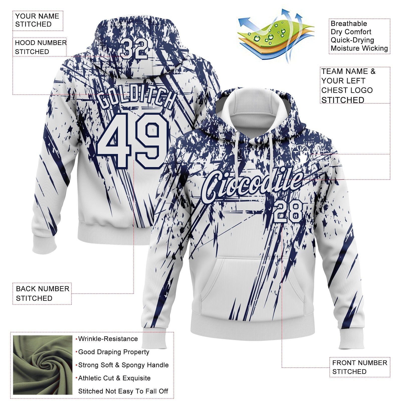 Custom Stitched White Navy 3D Pattern Design Splash Grunge Art Sports Pullover Sweatshirt Hoodie view 2