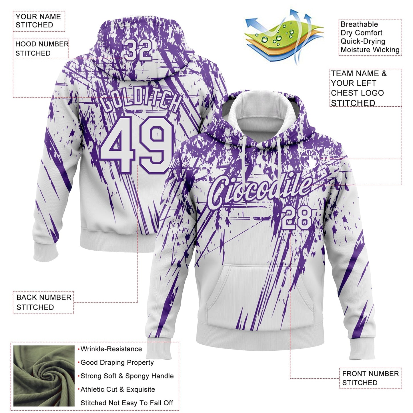 Custom Stitched White Purple 3D Pattern Design Splash Grunge Art Sports Pullover Sweatshirt Hoodie view 2