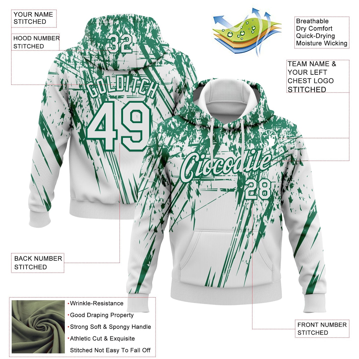 Custom Stitched White Kelly Green 3D Pattern Design Splash Grunge Art Sports Pullover Sweatshirt Hoodie view 2