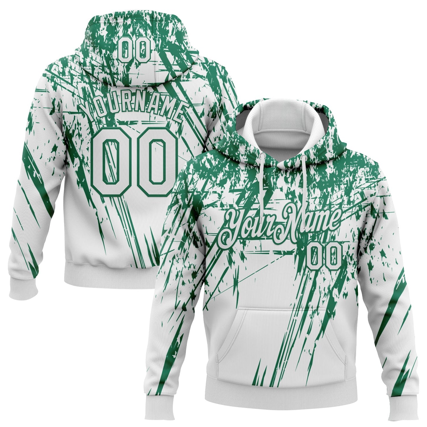 Custom Stitched White Kelly Green 3D Pattern Design Splash Grunge Art Sports Pullover Sweatshirt Hoodie - Main View