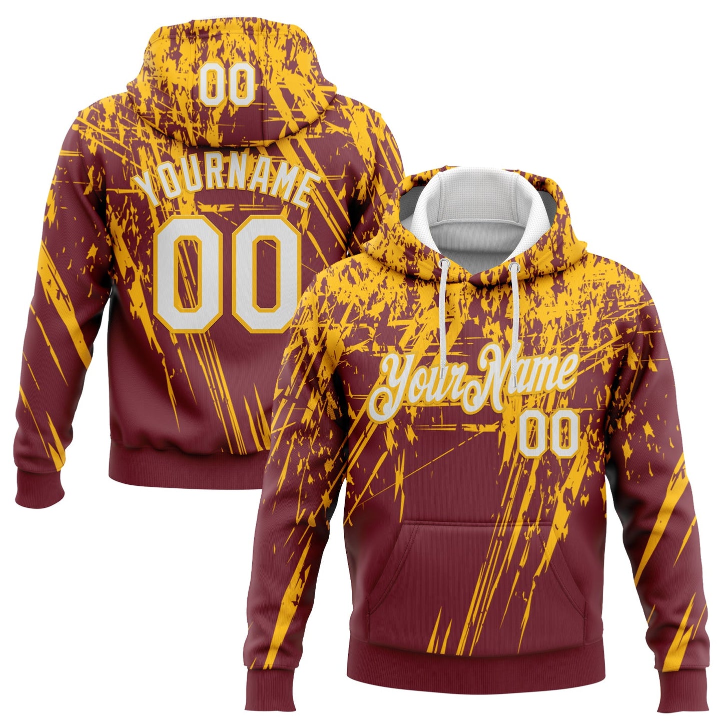 Custom Stitched Burgundy White-Gold 3D Pattern Design Splash Grunge Art Sports Pullover Sweatshirt Hoodie - Main View