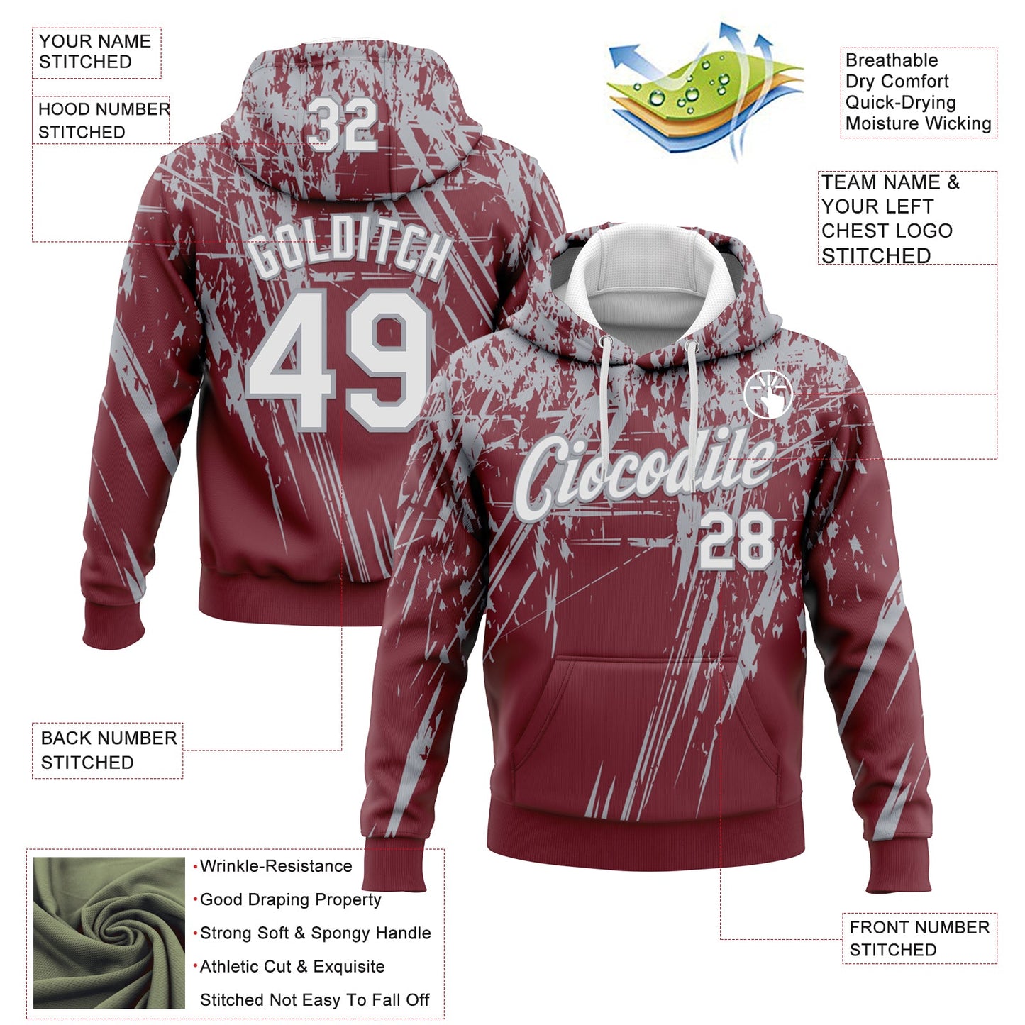 Custom Stitched Burgundy White-Gray 3D Pattern Design Splash Grunge Art Sports Pullover Sweatshirt Hoodie view 2