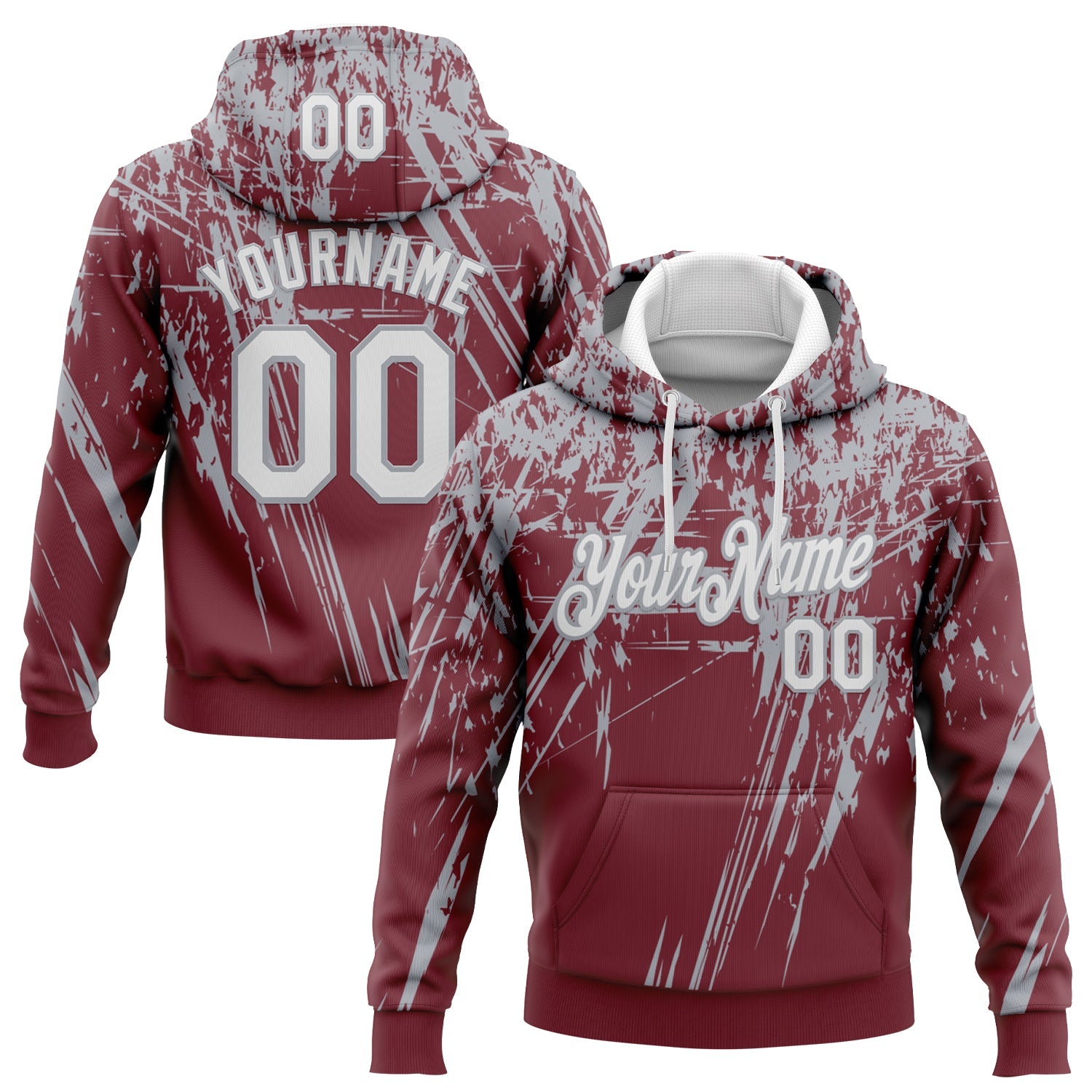 Custom Stitched Burgundy White-Gray 3D Pattern Design Splash Grunge Art Sports Pullover Sweatshirt Hoodie - Main View
