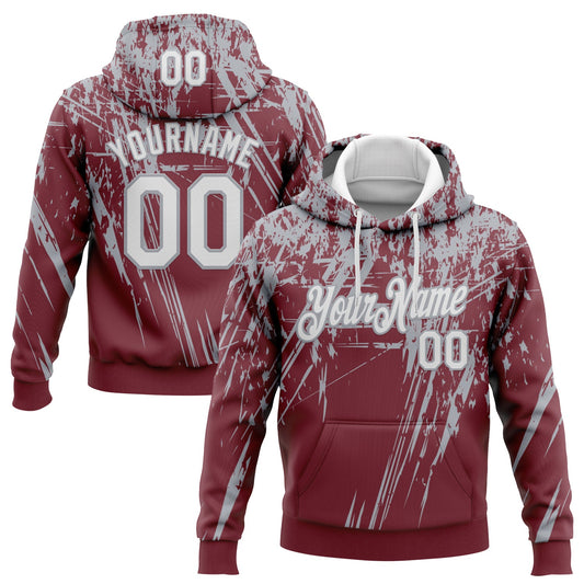 Custom Stitched Burgundy White-Gray 3D Pattern Design Splash Grunge Art Sports Pullover Sweatshirt Hoodie - Main View