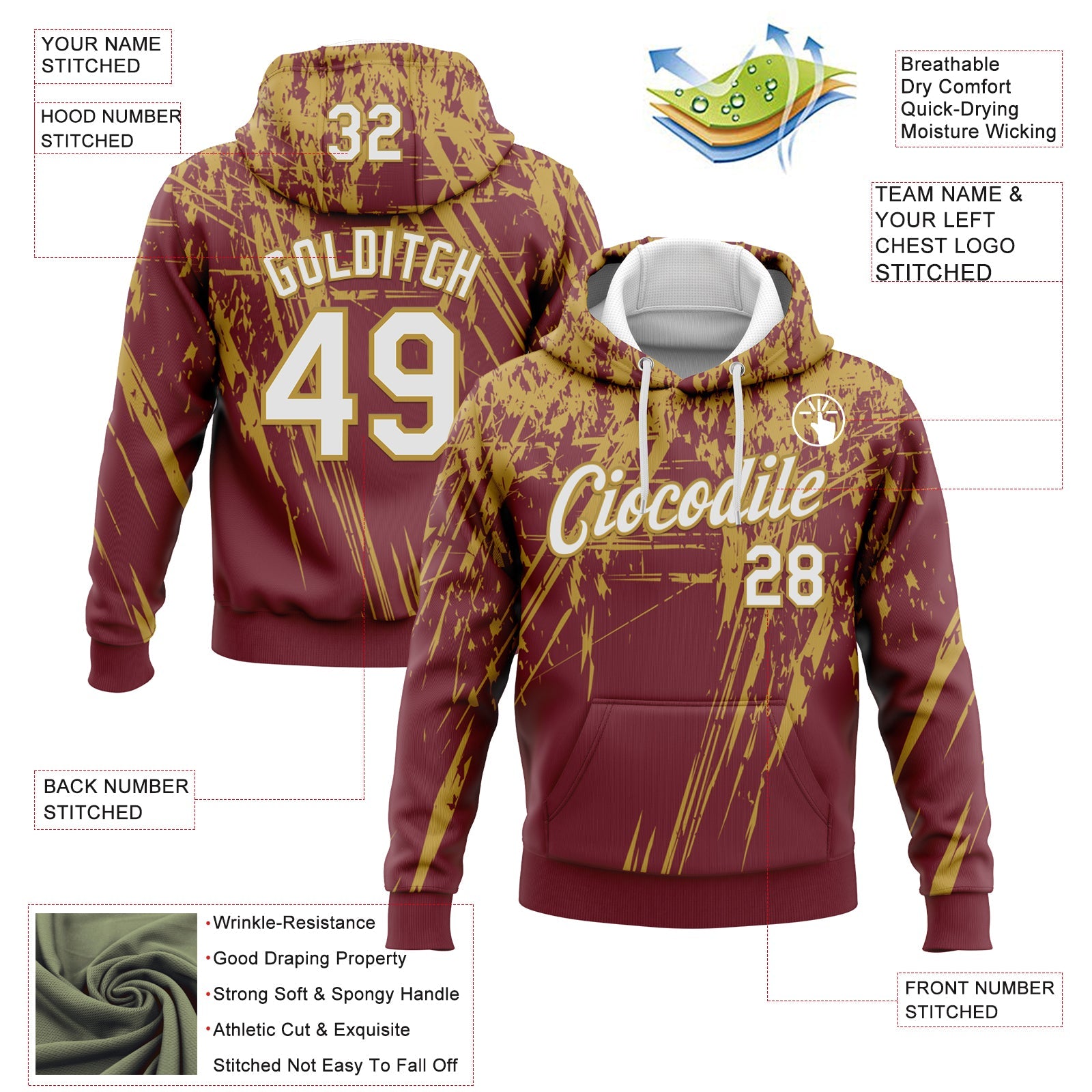 Custom Stitched Burgundy White-Old Gold 3D Pattern Design Splash Grunge Art Sports Pullover Sweatshirt Hoodie view 2