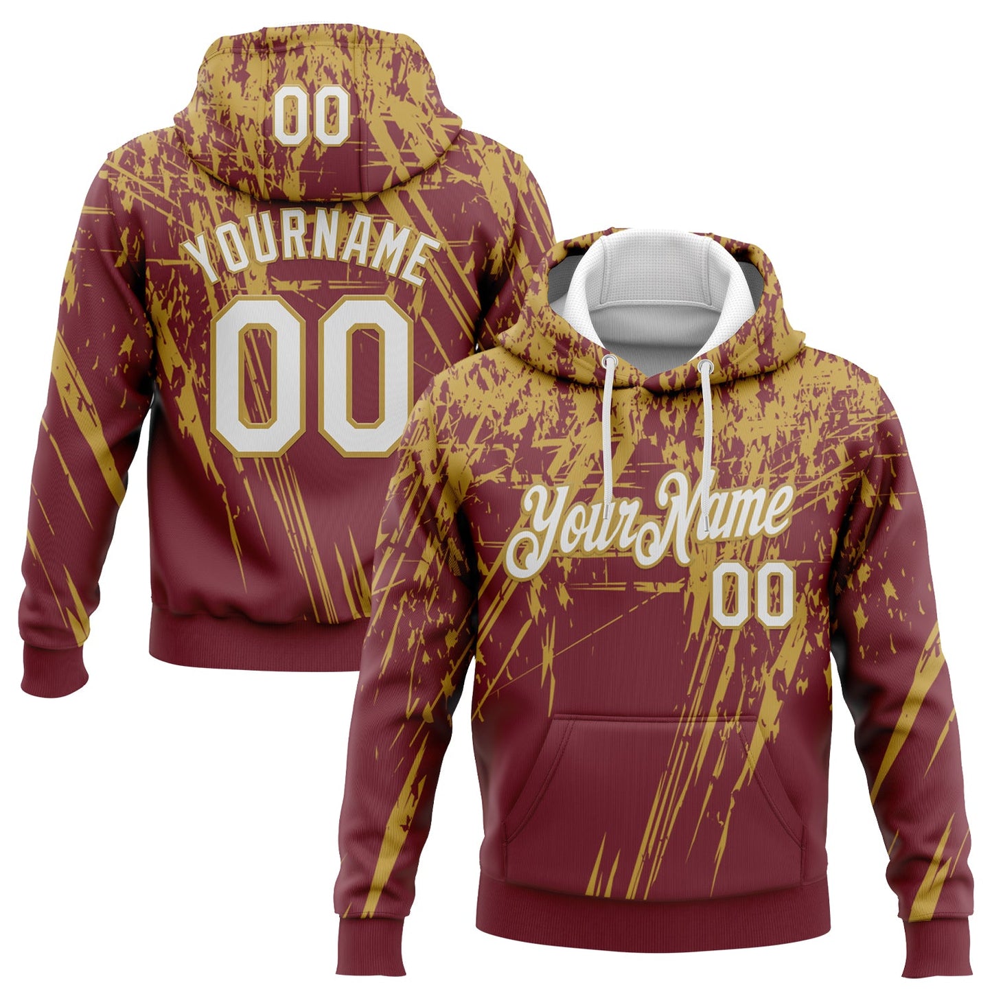 Custom Stitched Burgundy White-Old Gold 3D Pattern Design Splash Grunge Art Sports Pullover Sweatshirt Hoodie - Main View
