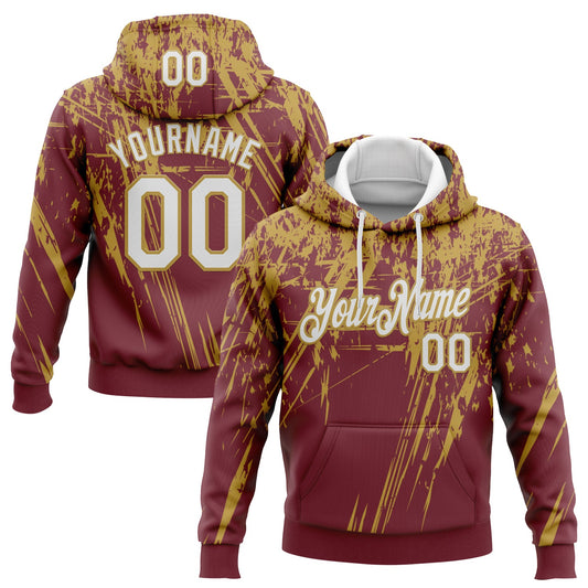 Custom Stitched Burgundy White-Old Gold 3D Pattern Design Splash Grunge Art Sports Pullover Sweatshirt Hoodie - Main View
