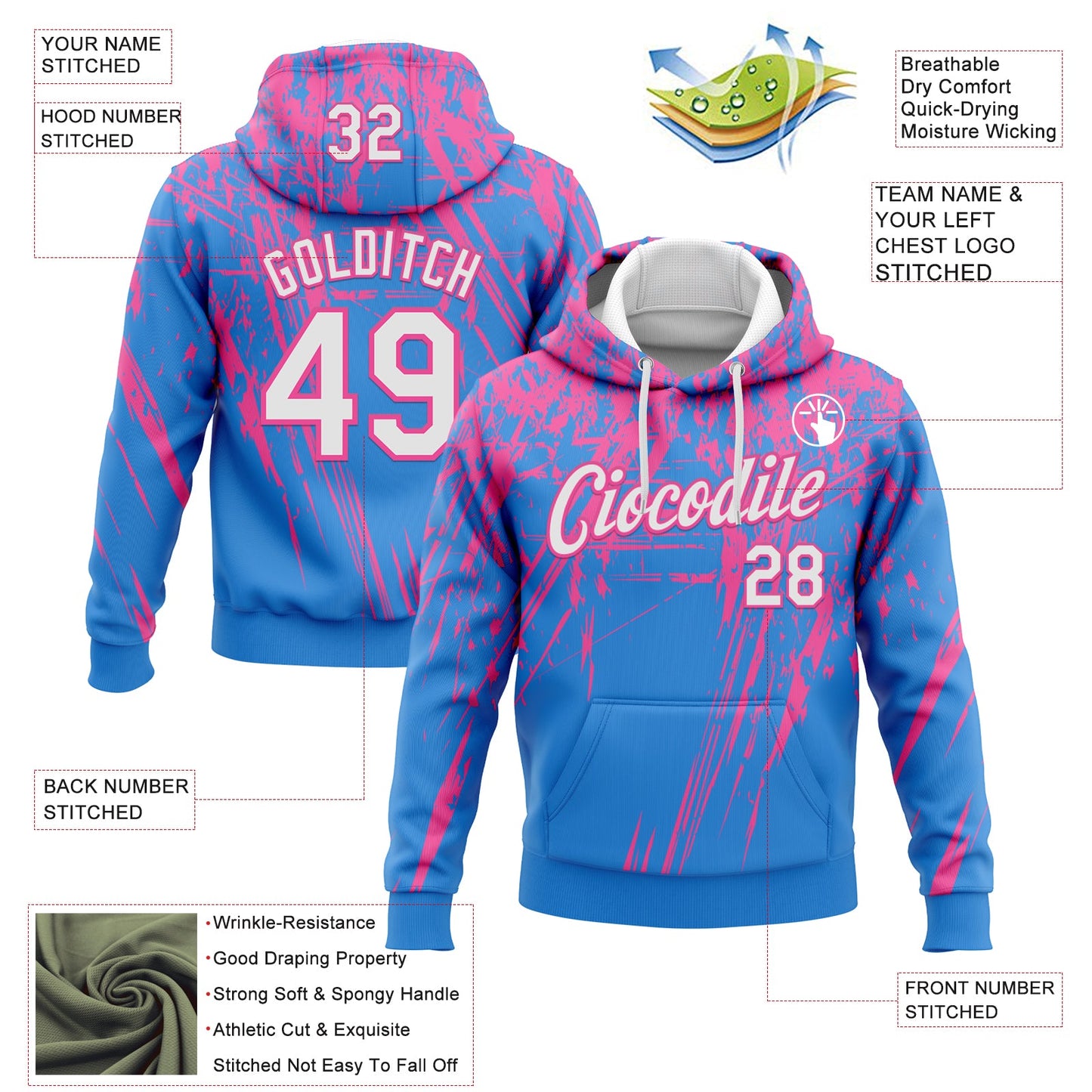 Custom Stitched Powder Blue White-Pink 3D Pattern Design Splash Grunge Art Sports Pullover Sweatshirt Hoodie view 2