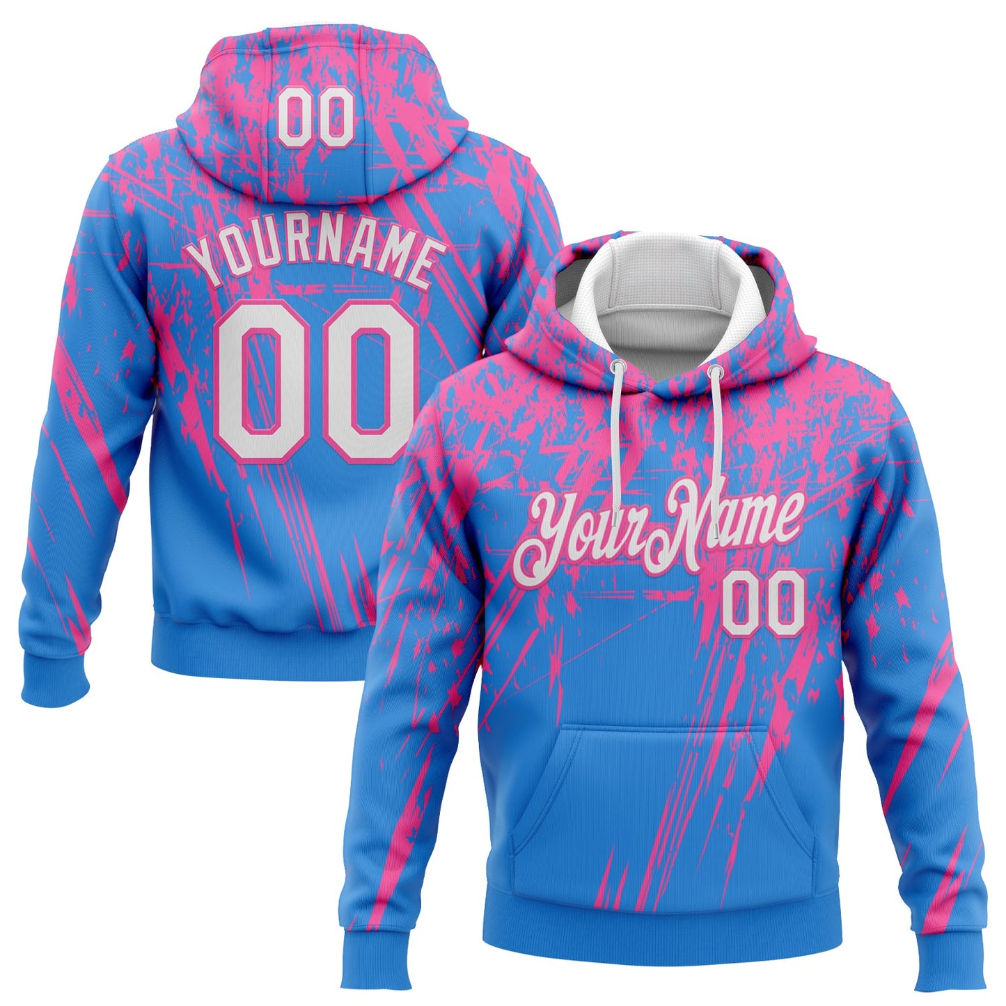 Custom Stitched Powder Blue White-Pink 3D Pattern Design Splash Grunge Art Sports Pullover Sweatshirt Hoodie - Main View