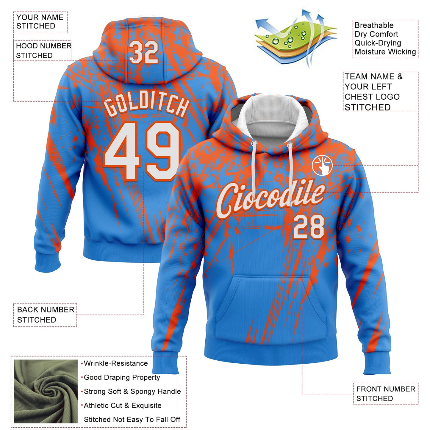 Custom Stitched Powder Blue White-Orange 3D Pattern Design Splash Grunge Art Sports Pullover Sweatshirt Hoodie view 2