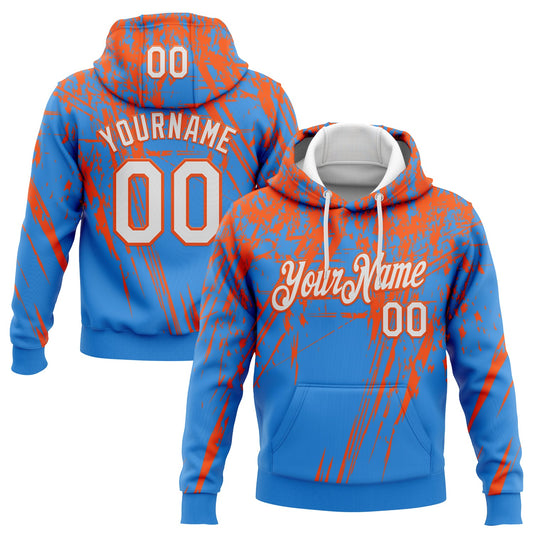 Custom Stitched Powder Blue White-Orange 3D Pattern Design Splash Grunge Art Sports Pullover Sweatshirt Hoodie - Main View