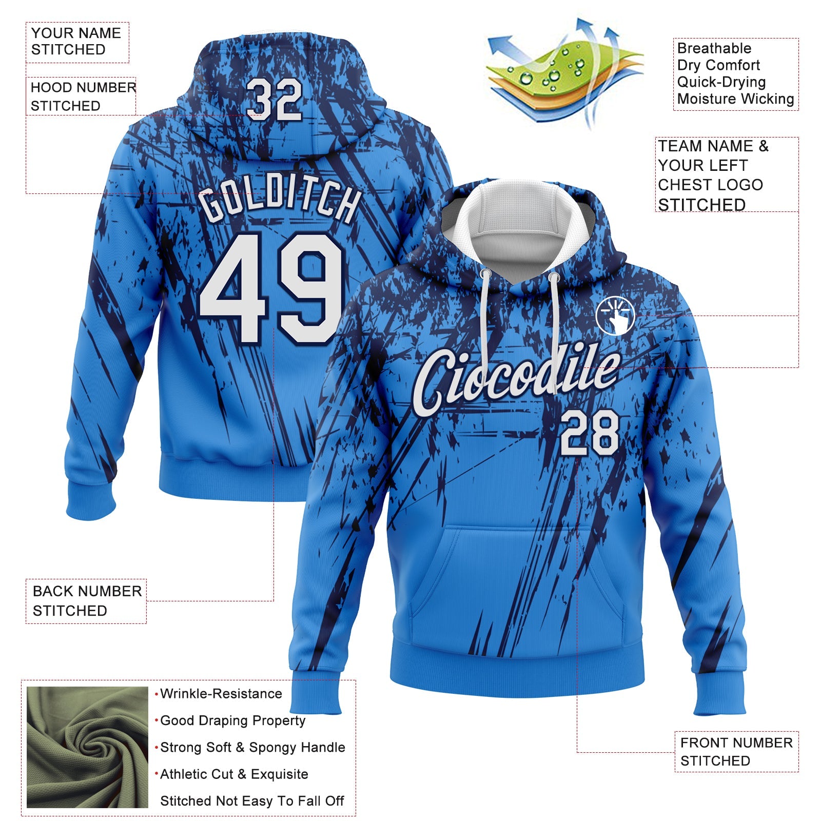 Custom Stitched Powder Blue White-Navy 3D Pattern Design Splash Grunge Art Sports Pullover Sweatshirt Hoodie view 2