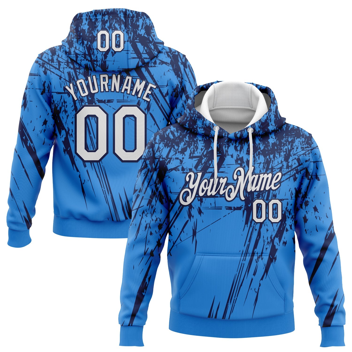 Custom Stitched Powder Blue White-Navy 3D Pattern Design Splash Grunge Art Sports Pullover Sweatshirt Hoodie - Main View