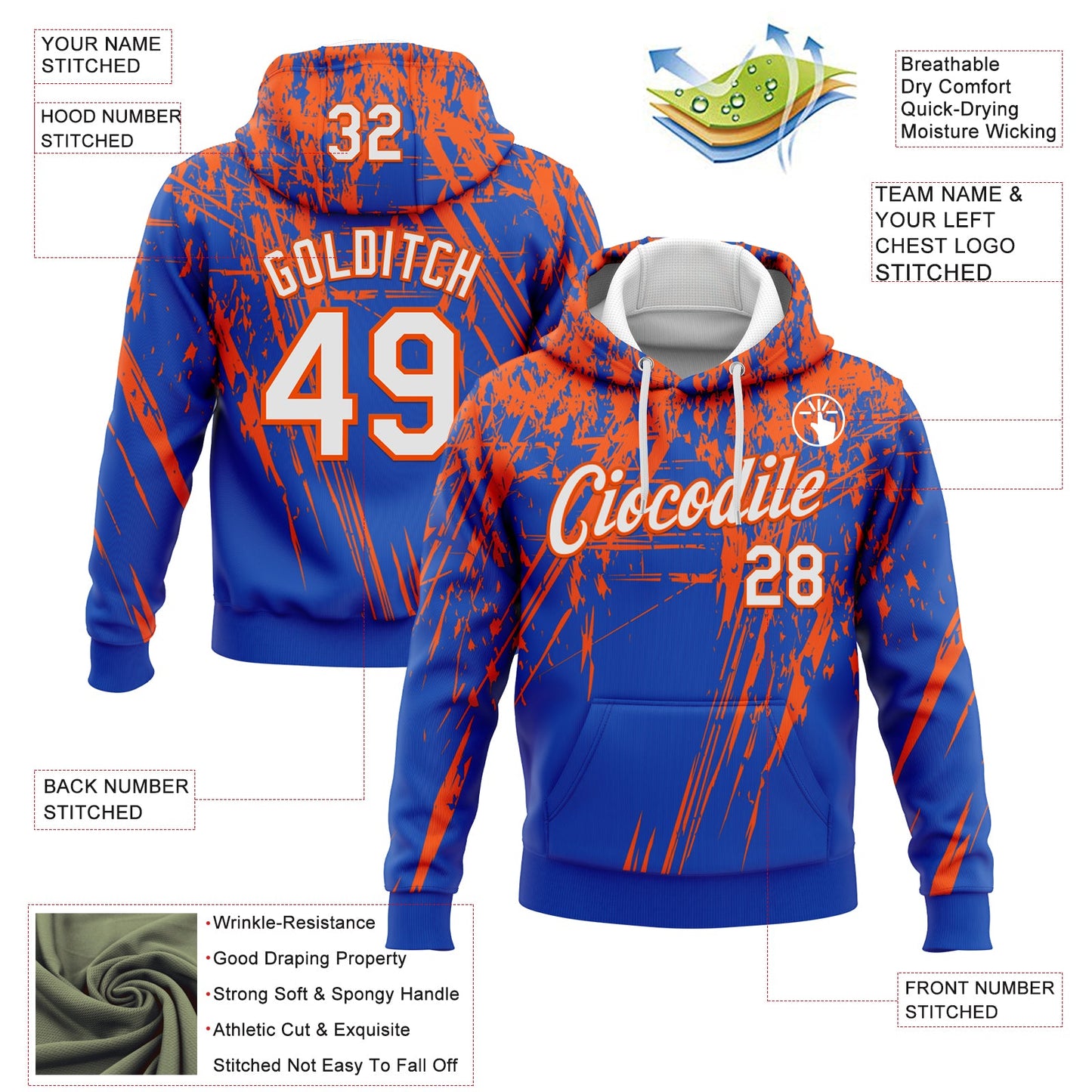 Custom Stitched Thunder Blue White-Orange 3D Pattern Design Splash Grunge Art Sports Pullover Sweatshirt Hoodie view 2