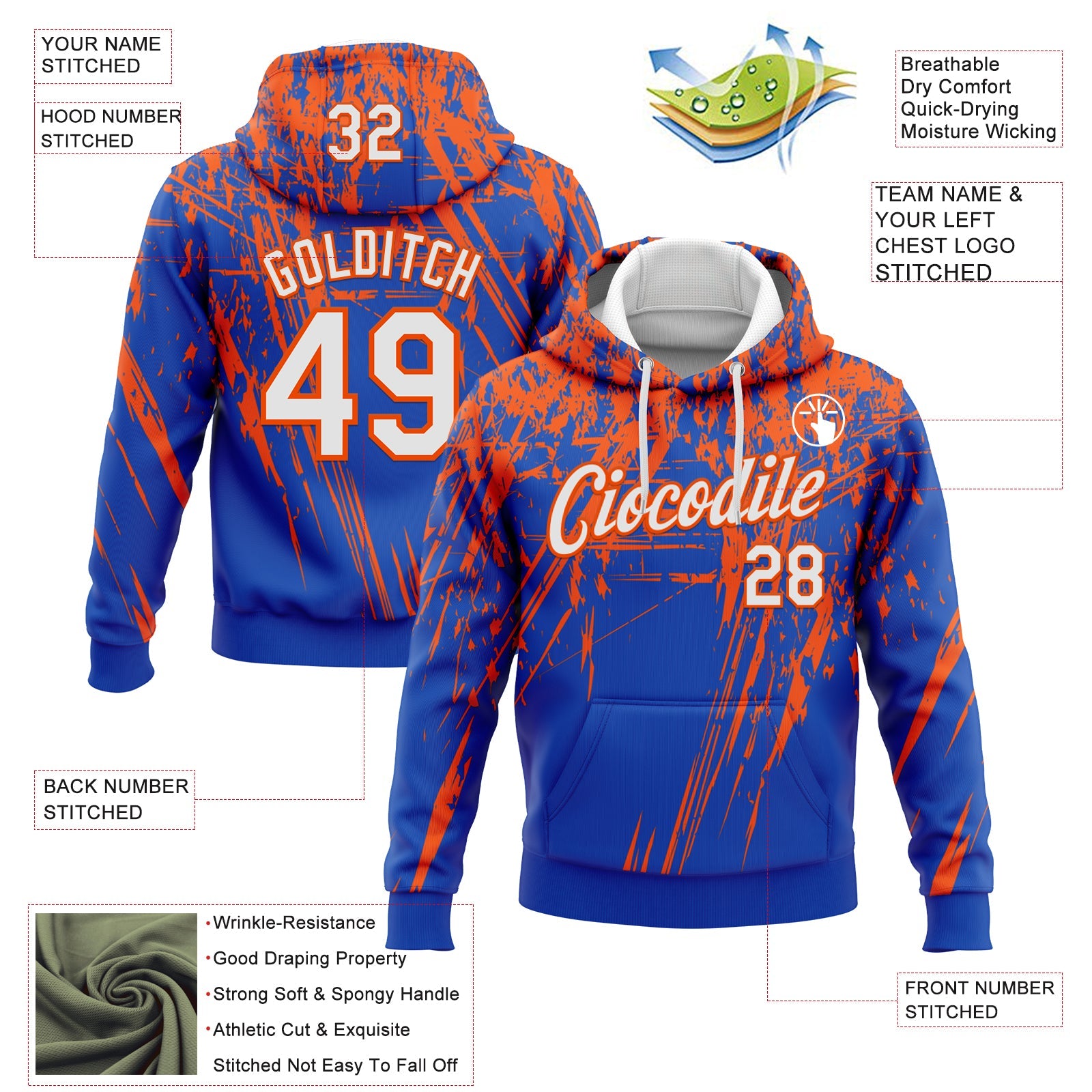 Custom Stitched Thunder Blue White-Orange 3D Pattern Design Splash Grunge Art Sports Pullover Sweatshirt Hoodie view 2